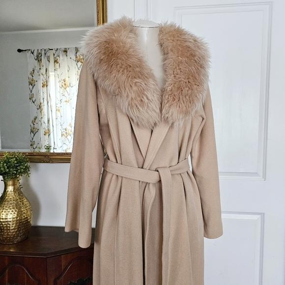 Vintage 100% Luxurious Cashmere Elegant  Cream Coat Robe, Detachable Fur Collar - Picture 2 of 16